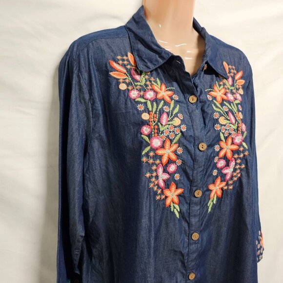 Parsley & Sage Women Embroidered Top Blouse Shirt Size `1X Blue Button Up Collar - Picture 8 of 14